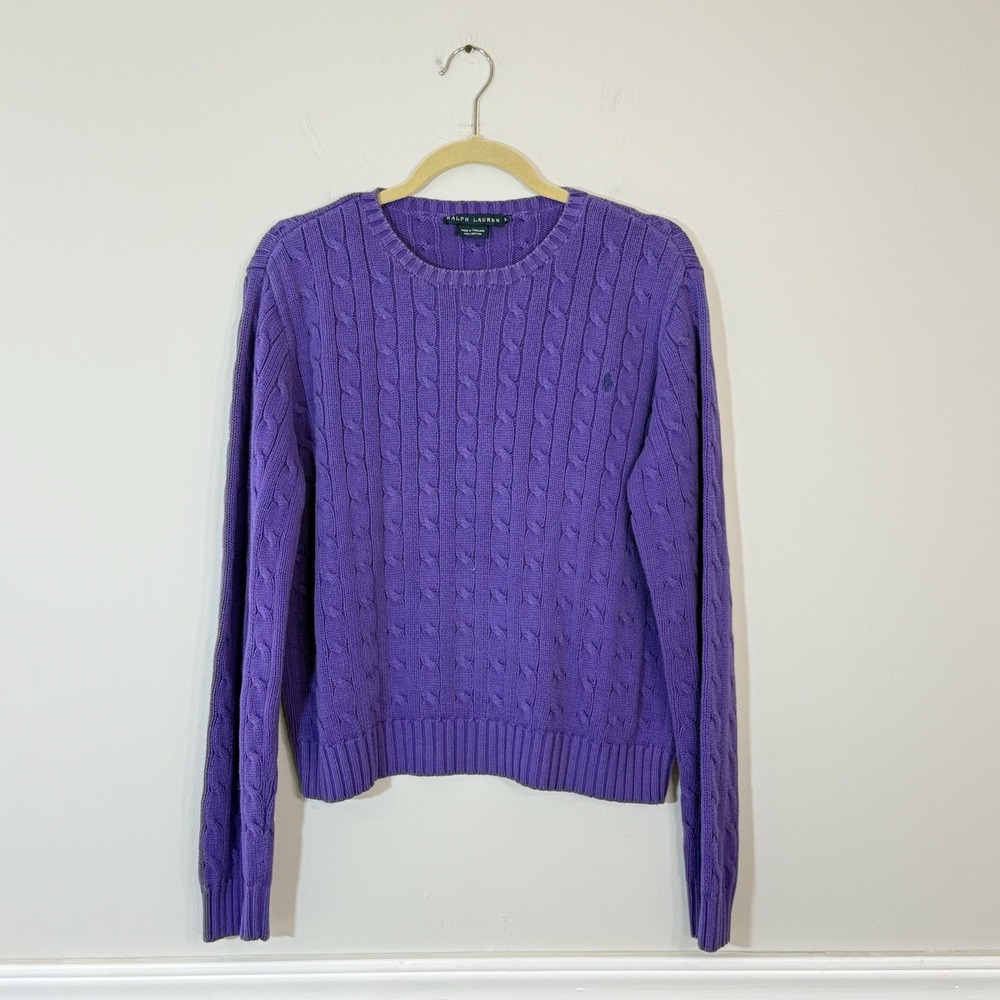 VTG Ralph Lauren Cable Knit Sweater Ladies XL Purple Blue Pony 90s Academic Y2K